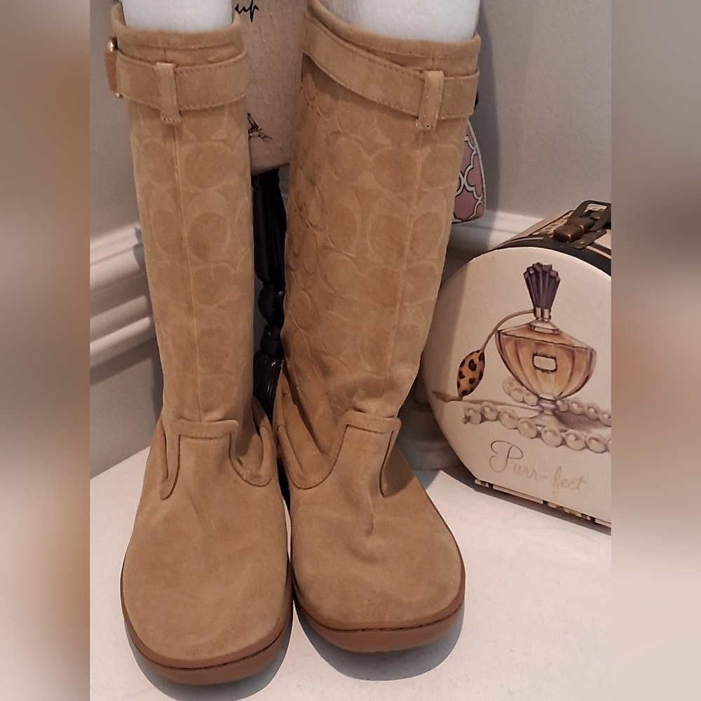 Coach Tan Maressa Signature Suede Mid Calf Boots Sz 6.5M NWOB